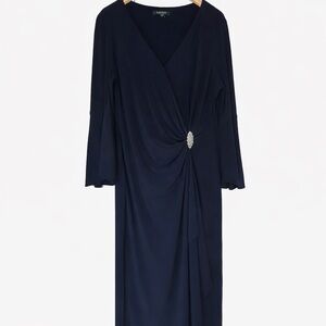 Lauren Ralph Lauren Navy Wrap Dress Rhinestone Brooch Size 14